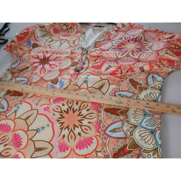 Women's Pink & Orange V-neck Button Accent Short Sleeve Top XL - Picture 5 of 8